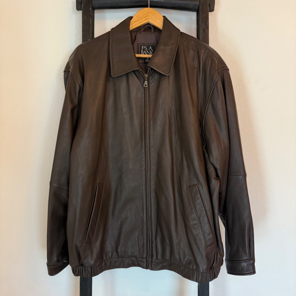 Jos A Bank Signature Collection Mens Brown Leather Bomber‎ Jacket XL Regular